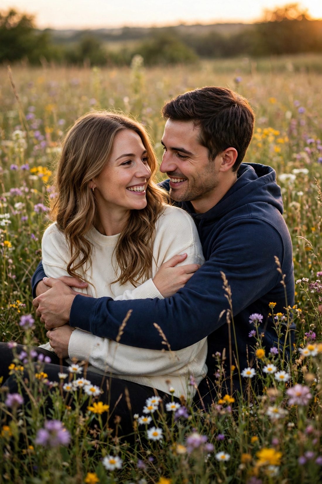 Julia y Carlos abrazados en un campo de flores al atardecer