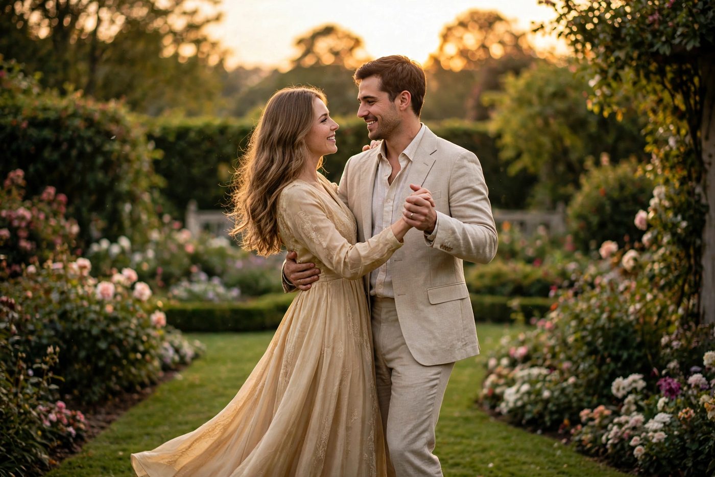 Julia y Carlos bailando en un jardín de rosas