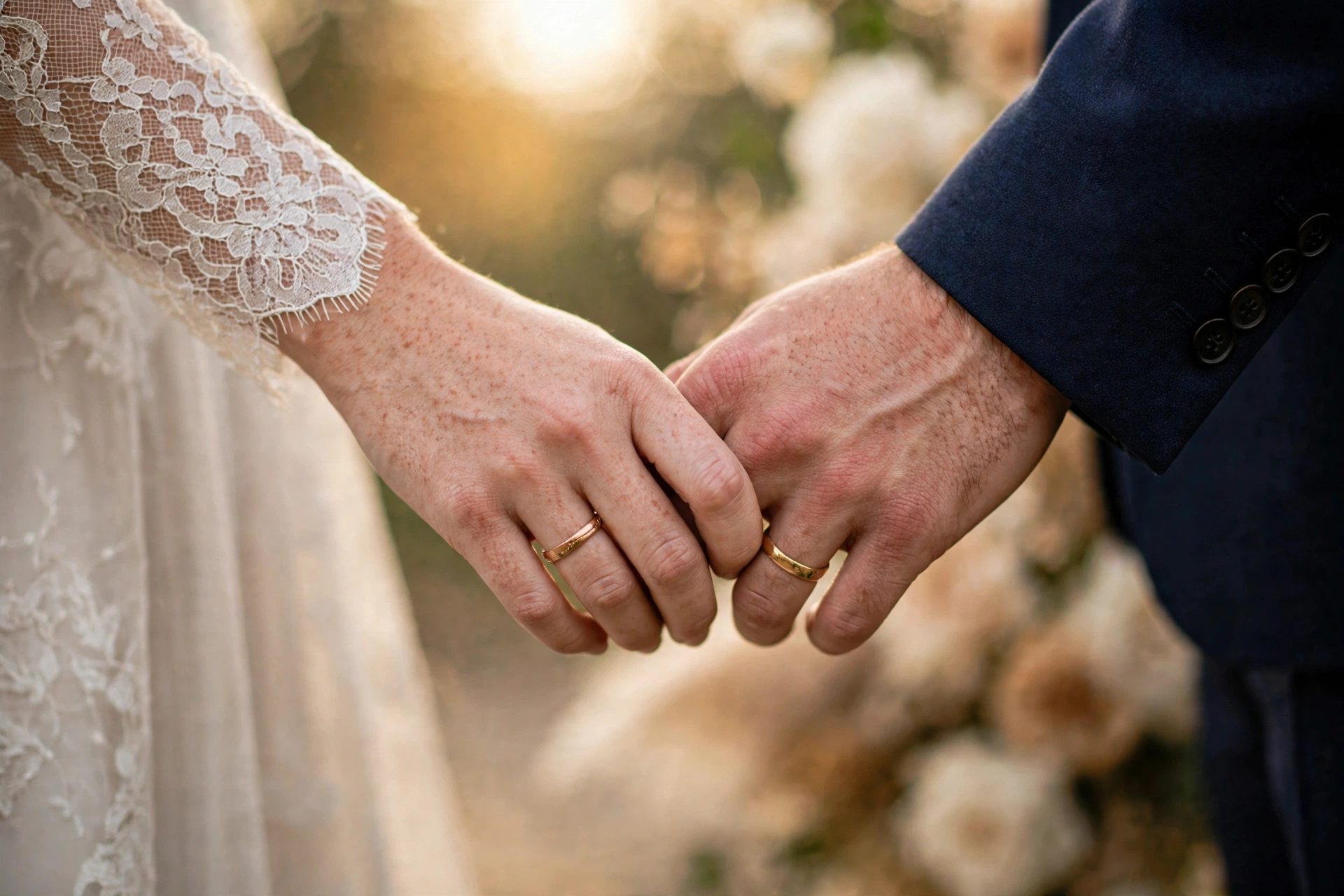 Las manos de los novios entrelazadas con sus alianzas