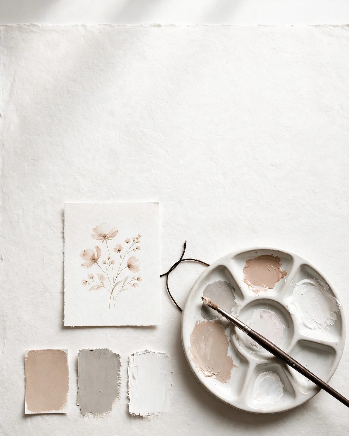 Muestras de color en tonos nude, pincel y una acuarela de flores