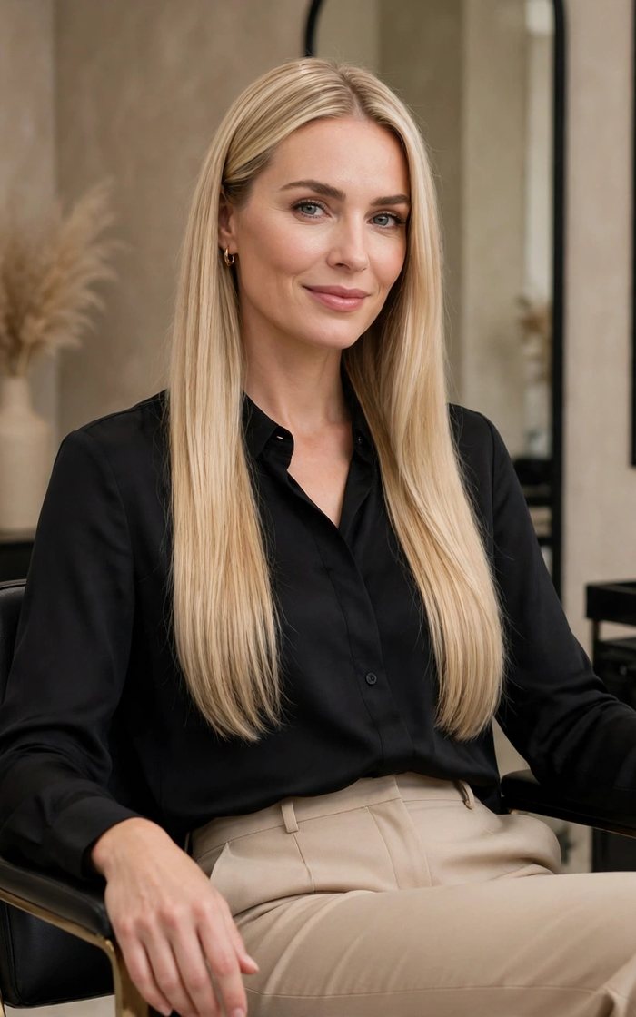Marina, fundadora de Glow Studio, sentada en el salón