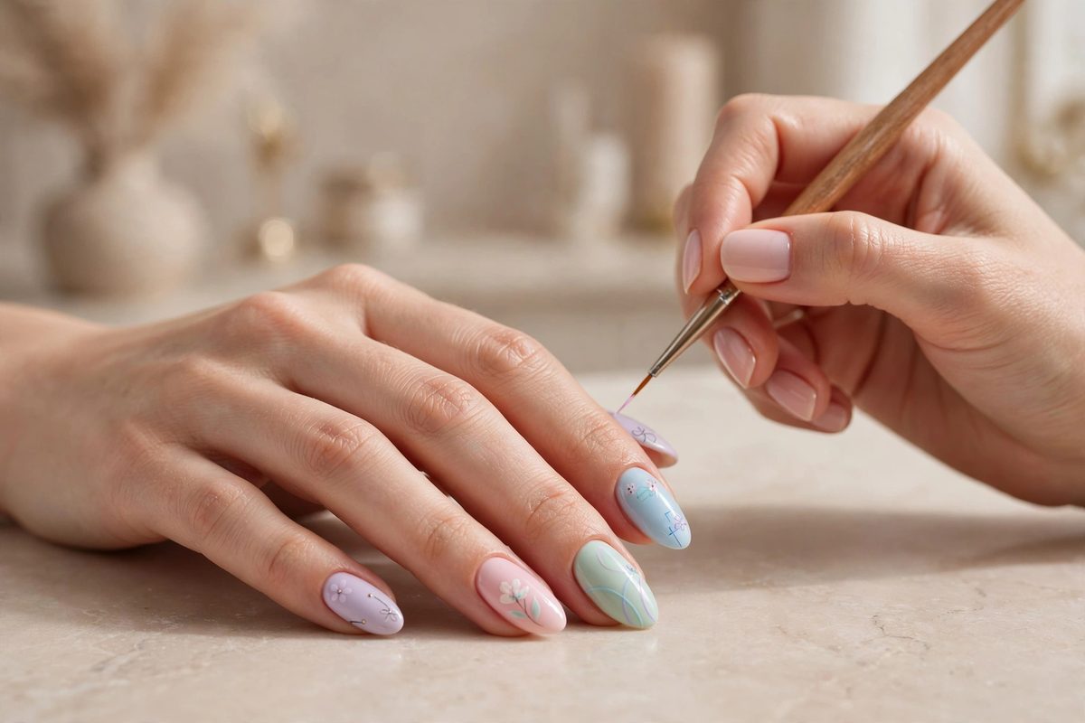 Nail art pintado a mano en tonos pastel