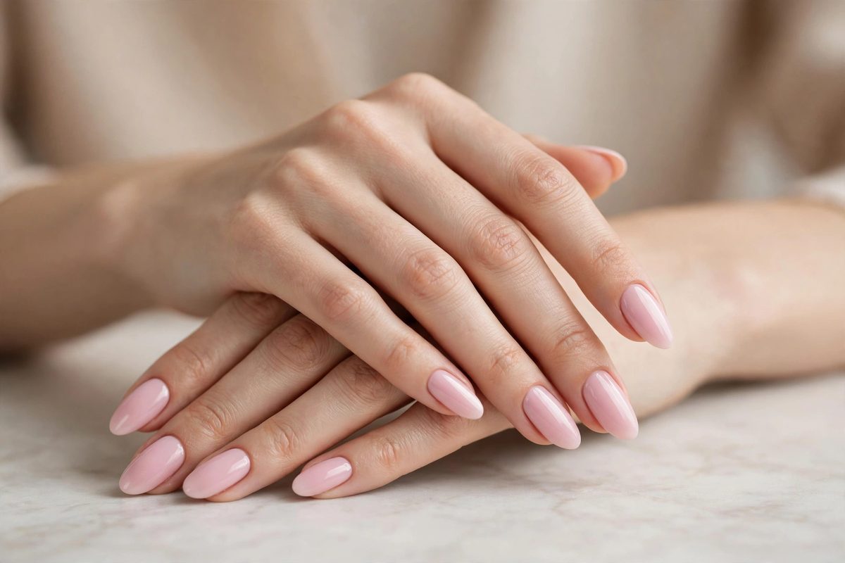 Uñas en rosa suave con acabado brillante