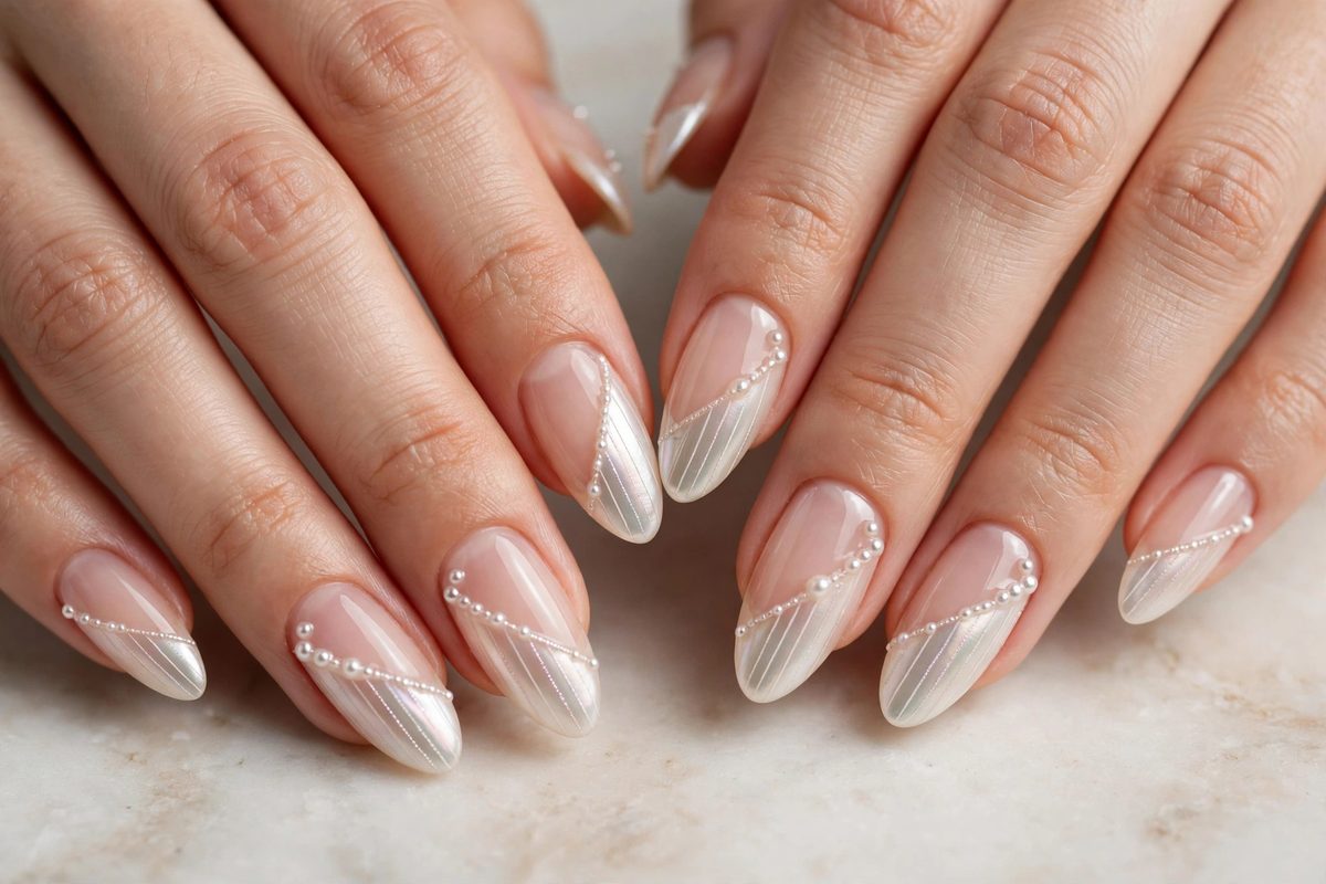 Manicura nacarada con línea diagonal de perlas